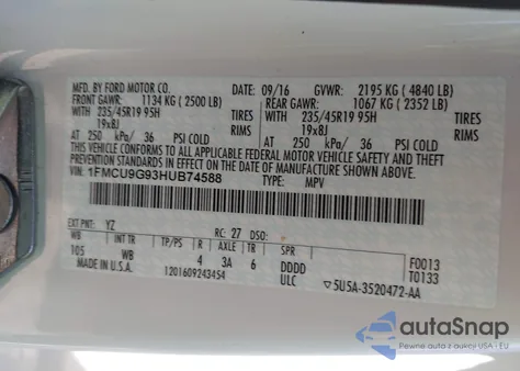 2017 Ford Escape Se from USA, damaged, VIN 1FMCU9G93HUB74588